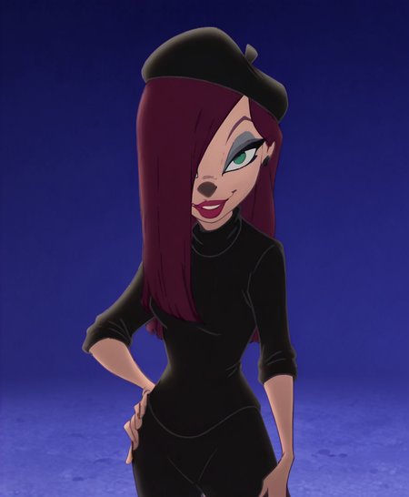 <lora:BeretGirlpony1.0:1>beretgirl, 1girl, long hair, beret, solo, purple hair, makeup, lipstick, black shirt, black pants, standing, green eyes, looking at viewer, score_9, score_8_up, score_7_up, score_6_up, score_5_up, score_4_up, looking at viewer, hand on own hip, cowboy shot,smile, hair over one eye, blue background,