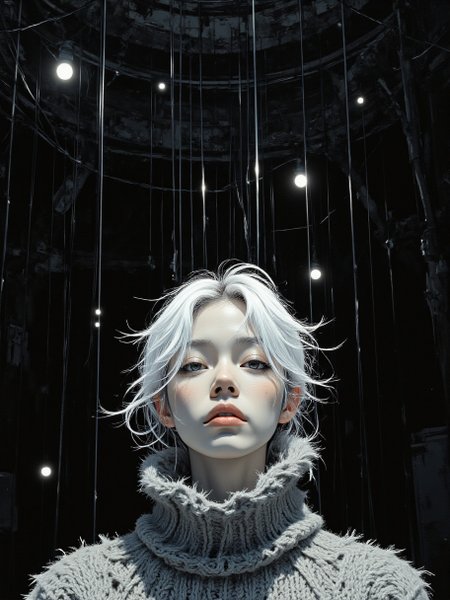 a hyper-realistic painting featuring a young man standing against a dark, abstract background, he is facing slightly to the left, he is wearing a large, fur-like coat that appears to be made of a wool, the coat has a high collar and long sleeves, and it is slightly open at the front, revealing his white pectorals, the man's head is obscured by thin, whte snow lines, creating a sense of depth and dimension, the background is dominated by a series of vertical, horizontal lines that appear to be suspended or suspended from the ceiling, adding an ethereal, almost surreal quality to the image, the overall composition is monochromatic, with the figure standing out against the dark backdrop and the stark contrast between the figure's figure and the background
