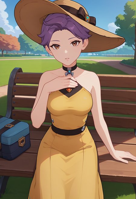 score_9, score_8_up, score_7_up, anime screencap, source_anime, 1girl, solo,
<lora:Doopey_Dazzler_Genshin_Impact_V1:.85>, KJOdazzler, purple hair, brown eyes, short hair, 
sundress, bare shoulders, sun hat,
sitting on bench, looking at viewer, expressionless, parted lips, looking at viewer, hand on chest, head tilt,
park, grass, trees, daytime,
(Beautiful, medium Breasts:1.2), natural breasts,