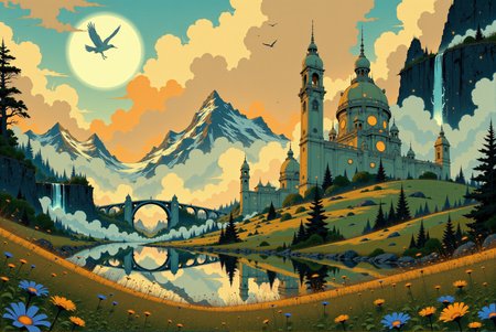 <lora:Fancha_style_v.5:0.99> Fancha style. A highly detailed, stylized illustration portrays a breathtaking, sunlit kingdom nestled at the base of towering, jagged mountains. The landscape is alive with dramatic contrasts, as the glowing hues of a fiery sunset bathe the grand architecture and natural surroundings in warm tones of gold, orange, and amber. Rising proudly above the sprawling city is an opulent palace, its intricate domes and spires glinting in the fading light. The palace's ivory walls and golden details convey a sense of regal splendor, standing as the centerpiece of this majestic realm. The city stretches outward, composed of elegant towers, fortified walls, and ornate arches that extend across a tranquil river via a grand stone bridge. Waterfalls cascade from the cliffs in the background, their mist mingling with low-hanging clouds, lending the scene an ethereal quality. The verdant foreground is adorned with wildflowers in vibrant shades of blue, purple, and white, which frame the view of the calm, reflective river that glows with the soft, molten colors of the sunset. Distant peaks capped with snow loom over the kingdom, their rugged silhouettes stark against the luminous sky. On the horizon, scattered flocks of birds drift gracefully, adding motion to the otherwise serene tableau. The atmosphere conveys a harmonious blend of grandeur and peace, evoking a sense of both awe and tranquility as the kingdom basks in the fading light of a perfect day.
