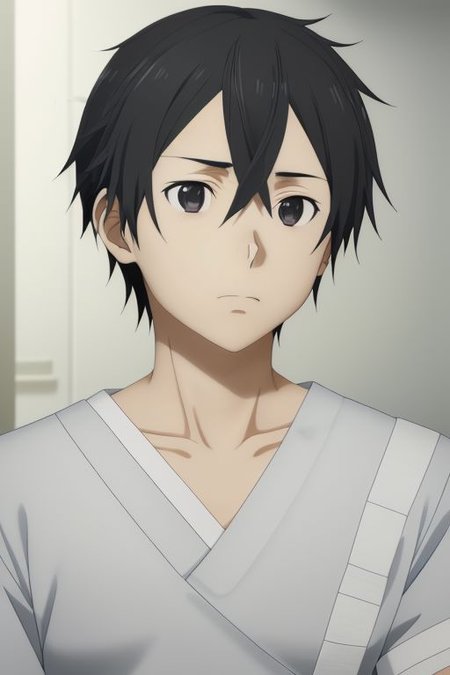 high resolution, solo, best quality, 1Boy, Kazuto Kirigaya, portraits, Black Hair, Black Eyes, bandage, patient, hospital, OverallDetail