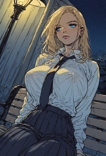 score_9, score_8_up, score_7_up, score_6_up, score_5_up, score_4_up, rating_explicit, source_western,  Ellie Buckingham, ((Bright Blond hair)), Blond Hair, Blond Bright blue eyes. Very large breasts, torpedo breasts, humongous breasts Western Style Artwork. Bold Lines, 
1 girl, sitting outside, on bench, street bench, night time, street lamp post, street lamp shining down, black pleated pants, ((white)) business shirt, tie, , looking away
flat color, dark theme
sinozick style
dutch angle
1dk