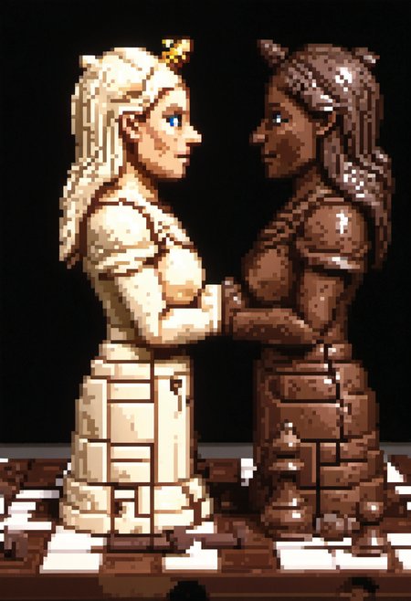 pixel art, digital art, A hyper-detailed chessboard made entirely of chocolate pieces: white chocolate knights face off against dark chocolate queens under dramatic spotlighting. The composition evokes tension and strategy while humorously addressing themes of duality and choice in lifeâs "sweet battles."