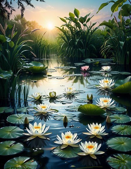 A highly detailed and realistic photograph of a serene lily pond surrounded by lush greenery. The calm water reflects the soft sunlight filtering through the overhanging trees. The surface is adorned with vibrant green lily pads, some with delicate pink and white water lilies in full bloom. A few dragonflies hover above the water, their wings catching the light. Gentle ripples create subtle distortions in the reflection of the sky and foliage. In the background, a dense array of reeds and aquatic plants frame the pond, adding depth and texture. The soft golden glow suggests late afternoon or early evening, enhancing the tranquil and picturesque atmosphere. The composition is balanced, drawing the viewerâs eye toward the natural beauty of the water lilies and their intricate details.
 <lora:SDXLFaeTastic2400:0.4> <lora:extremely_detailed:0.4> extremely detailed,<lora:lily_p0nd:1>,lily p0nd, Masterpiece,best quality,hi res,8k,hi res,8k,award winning,(sharp focus, intricate, highly detailed),