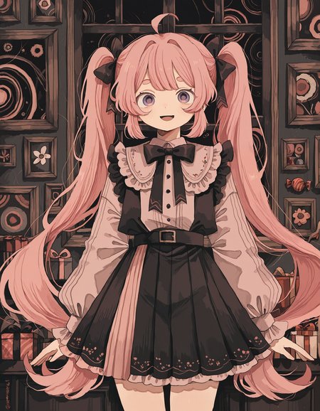 masterpiece,  best quality, newest, highres, absurdres, <lora:wasabi_natsume_style_r1:1>,wasabi_natsume_illu,abstract,surreal, 1girl, twintails, pink hair, solo, long hair, window, bow, purple eyes, candy, food, bangs, skirt, smile, very long hair, gift, open mouth, looking at viewer, watermark, long sleeves, ahoge