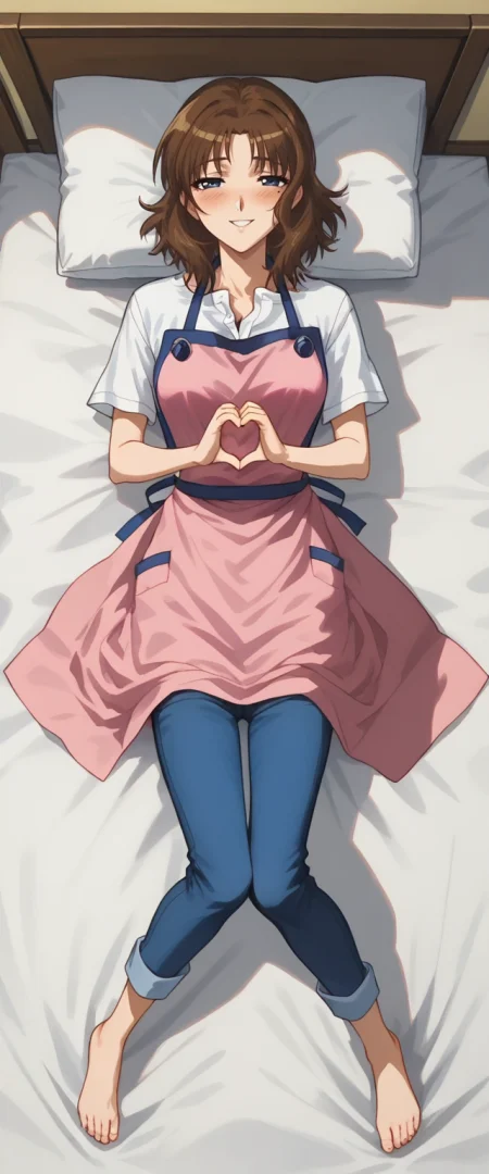 score_9, score_8_up, score_7_up, masterpiece,anime coloring, anime screencap,BREAK
Expressiveh, AoiKashima,pink apron,white shirt,blue pants,  <lora:AoiKashima:0.8>,full body,((knees apart feet together)),bedroom, on bed, on back, head on pillow, looking at viewer, wide shot,from above, straight-on, blush,seductive smile, happy,<lora:add-detail-xl:1>, <lora:Expressive_H:1>, hands on own stomach, heart hands