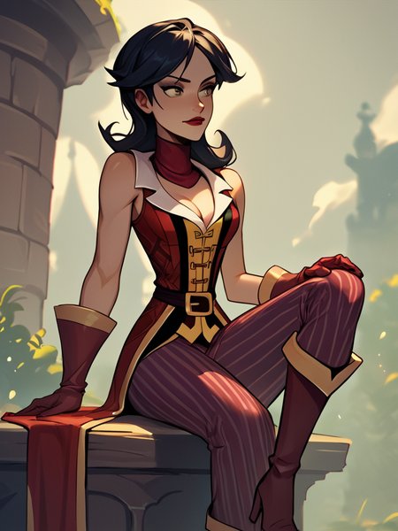 score_7_up, score_8_up, score_9, masterpiece, (1girl, solo,)perfect face, perfect hands, high quality, source_anime, <lora:Morgan_LeFlay_-_Tales_of_Monkey_Island:1>Morgan_LeFlay, black hair, cleavage, red jacket, sleeveless, striped pants, high heel boots,