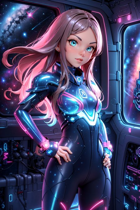(AnjelikaV2:1.2), 
1girl, dark fantasy warrior, neon circuits infused, glowing blue lines, intricate armor, anime-inspired, tech-infused wall, high detail, 
standing, hands on hips, slightly leaning to one side, relaxed,
Space station interior, expansive window views of galaxies, holographic displays, sleek metallic surfaces
