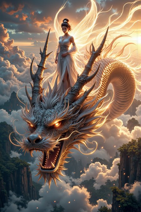 mythp0rt, A close-up of an Eastern dragon's head partially visible, emerging swiftly from thick clouds with dynamic motion blur that emphasizes the sense of speed. Standing confidently on the dragon's head between its two large horns is a beautiful fairy, who is the central focus of the image. She is dressed in flowing white robes that billow dramatically in the wind, adding a sense of grace and ethereal movement. Her expression is one of unwavering determination, her eyes fixed forward with a strong, resolute gaze.
The dragonâs head is only partially shown to emphasize the fairy as the main subject, with its intricate scales and glowing eyes partially visible, adding a sense of power and mysticism. The background features swirling clouds illuminated by a soft, golden light from the setting sun, enhancing the dreamlike, mythical atmosphere of the scene. The entire image is captured in a hyper-realistic style with ultra-fine details, showcasing every texture of the fairy's flowing robes and the dragon's scales.
The use of high contrast and vibrant colors adds to the dramatic effect, creating a high-quality, fantastical depiction that combines realism with a sense of magic and mythology. The scene conveys a powerful and enchanting moment, filled with motion and mythical beauty.
<lora:FluxMythP0rtr4itStyle:0.75> mythp0rt,
<lora:aidmaGLOWV4wc:0.6> aidmaGlow,
<lora:glowing_flux:0.6>, 
<lora:edgy_fashionista_flux_ntc_v2:0.5>,
<lora:bokeh_flux_ntc:0.5>,
<lora:detailed_flux_ntc:0.5>