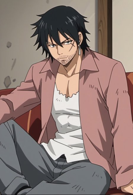 score_9, score_8_up, score_7_up, source_anime, rating_safe, MestFT, Mest scar, grey Mest earrings, 1boy, male focus, anime screencap, black Mestu hair, red Mest jacket, white Mest shirt, dark grey Mest pants, cropped feet, sitting,