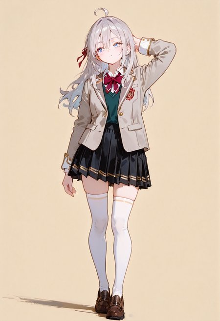 perfect quality,high quality,masterpiece,absolutely eye-catching,ambient occlusion,raytracing,dynamic_angle,full_shot,arm_behind_head,
AlisaMikhaylovna Cyql,1girl,solo,long hair,ahoge,bangs,hair between eyes,grey hair,blue eyes,ribbon,hair ribbon,school uniform,bow,red bow,bowtie,jacket,blazer,grey jacket,shirt,long sleeves,skirt,pleated skirt,zettai ryouiki,black skirt,thighhighs,white thighhighs,loafers,shoes,brown footwear,
full body,standing,palegreen background,simple background,
<lora:Alisa Mikhaylovna2:1>,<lora:spo_sdxl_10ep_4k-data_lora_webui:0.5>,<lora:EtherSDXL:0.7>,EtherStyle,<lora:748cmSDXL:0.7>,748cmstyle,
