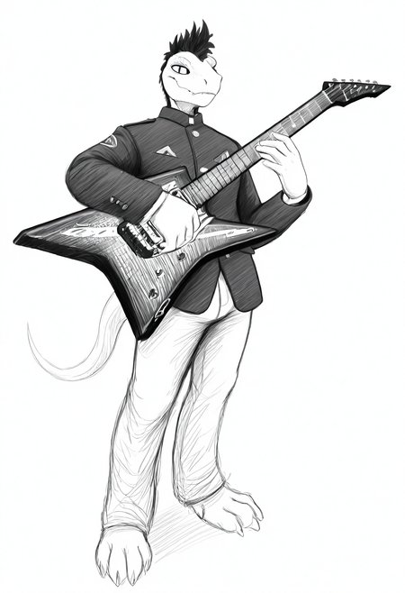 masterpiece, best quality, amazing quality,  white background, sketch, black and white, monochrome, BREAK
solo, scalie male, sc1r0cc0, mohawk, vertical slit pupils, tail, black jacket, guitar, holding instrument, BREAK
<lora:cfg_scale_boost:.5> <lora:Scirocco_Sasazaki_-_ILXL:1> <lora:Hladilnik_Sketch_-_ILXL_Artist_Style:1>