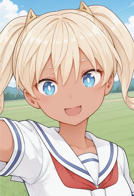 saotome_kanon, bright pupils, white pupils, blue eyes, blonde hair, twintails, dark-skinned female, dark skin, school uniform, serafuku, red neckerchief, white sailor collar, short sleeves, <lora:saotome_kanon_illustrious_ver2:0.8> 
smile,, masterpiece, best quality, very aesthetic, absurdres, general,, 1girl, solo, blue sky, (grasslands:1.2), looking at viewer,, (upper body:1.2), (close-up:1.2), (facing viewer:1.2), (open eyes:1.4), (portrait:1.2)