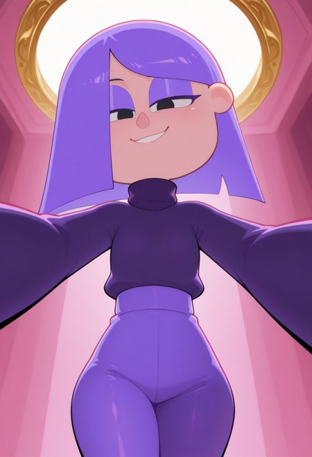 lilyduolingoILL, 1girl, solo,  purple hair, black eyes, short hair, long sleeves, dark purple sweater, turtleneck, purple eyeshadow, purple nails, make up,  medium hair, bangs, purple pants, hair, purple eyeliner,      masterpiece, best quality, newest, absurdres, highres,  amazing quality, 4k, good lighting,  high resolution,   dynamic angle, foreshortening, eyes half closed, seductive smile, glossy skin,