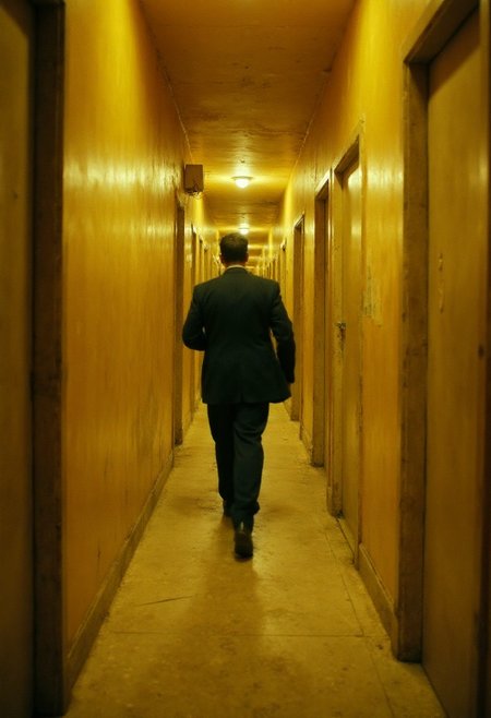 raw analog cinematic steadycam shot following a man in a suit running through a neverending maze of wasshed dirty yellow liminal corridors with many doors weird architecture, backroom