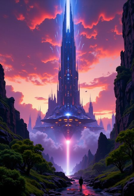highest details, ultra hyper realism. highly detailed and realistic. intricate and highly professional artwork, an absolute masterpiece.
The image is a highly detailed, CGI-rendered digital artwork depicting a fantastical, futuristic cityscape. The scene is set in a surreal, otherworldly environment with a vibrant, gradient sky transitioning from deep purples and blues at the top to warm oranges and pinks near the horizon, suggesting a dramatic sunset or sunrise. The sky is filled with numerous meteors streaking downwards, adding to the fantastical atmosphere. A colossal, towering structure resembling a giant spaceship or megastructure dominates the center of the image. This structure, covered in intricate, glowing blue and white lights, is surrounded by a swirling vortex of mist or clouds. The structure's base is embedded in a mountainous landscape, with smaller, jagged peaks and valleys stretching out beneath it. In the foreground, lush, green trees with gnarled, ancient trunks and dense foliage are visible, adding a touch of natural contrast to the futuristic elements.
Bright Red hue and Pastel Purple tint, dramatic lighting