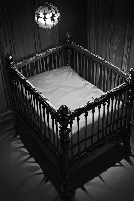 realistic shading, dim lighting, grayscale theme, horror (theme), dacrib, christmas-crib focus, dacrib_christmas ornaments, no humans, gloomy, indoors, dark environment, fantasy, dutch angle, dynamic angle, intricately detailed illustration, masterpiece, best quality, amazing quality, very aesthetic, absurdres, newest