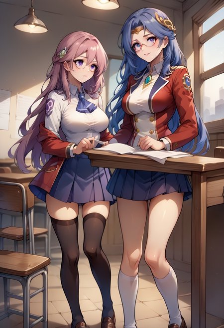score_9, score_8_up, score_7_up,  <lora:tialuna-pdxl-nvwls-v1-000006:1.0> tialuna,medium breasts , blue hair, purple eyes, tattoo, circlet, hair ornament,  <lora:emma-rebake3:0.8>, glasses, loafers, long hair, pink hair, pleated skirt, red jacket, single braid, thighhighs, white shirt, desk, chair, standing