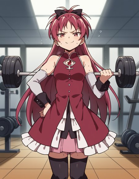 score_9, score_8_up, score_7_up, source_anime, <lora:kyouko-sakura-s1-ponyxl-lora-nochekaiser:1>, kyouko sakura, long hair, red eyes, ponytail, hair bow, red hair,, thighhighs, bare shoulders, detached sleeves, black thighhighs, magical girl,, gym, weights, machines, people, sweat, smile, smug, hand on own hip,, looking at viewer, solo,, dutch angle, cowboy shot