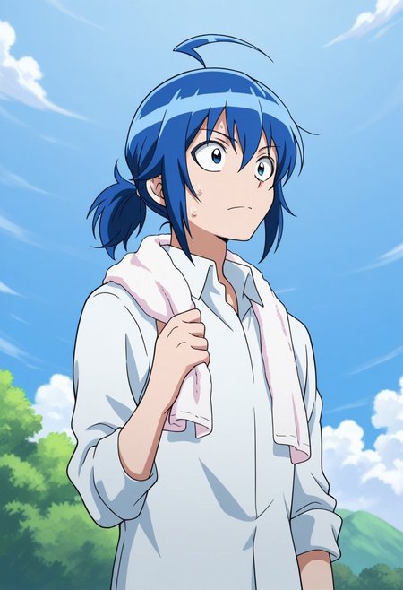 masterpiece,best quality,amazing quality, source_anime,
IrumaSuzuki, 1boy, male focus, solo, blue eyes, blue hair, ahoge, alternate hairstyle, ponytail, white shier, collared shirt, towel around neck, sweat,
outdoor, sky, day, clouds,
