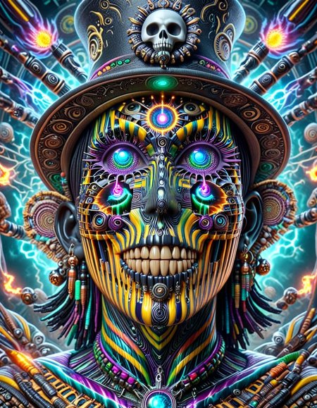 professional 3d model breathtaking ,helios a man with a hat sitting in the middle of a body, cyberpunk art, cgsociety contest winner, afrofuturism, sacred skull, wearing psychedelic wicca, witch - doctor, upper body avatar, psy
 <lora:helios2:1> <lora:helios:1> . award-winning, professional, highly detailed . octane render, highly detailed, volumetric, dramatic lighting