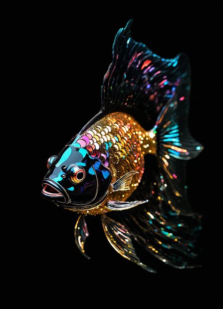 abstract fish, shiny, colorful, black background, reflective surface,  <lora:GlitterStyle_sdxl:0.8> GlitterStyle