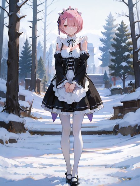 perfect quality,high quality,masterpiece,best quality,amazing quality,very aesthetic,absurdres,Cinematic Lighting,newest,Tactical use of shadow,
front view,full_shot,Thoughtful gaze,
RAMCYQL,1girl,solo,short hair,bangs,pink hair,hair over one eye,red eyes,hair ornament,x hair ornament,maid headdress,ribbon,hair ribbon,purple ribbon,maid,roswaal mansion maid uniform,black dress,detached sleeves,long sleeves,apron,waist apron,white apron,frills,pantyhose,white pantyhose,mary janes,black footwear,cleavage,
full body,standing,covering_eyes,,
snow background,simple background,
<lora:spo_sdxl_10ep_4k-data_lora_webui:0.5>,<lora:illustrious_all_rated_v1:0.6>,<lora:748cmSDXL:0.8>,748cmstyle,<lora:DarkerThanBlackIllustrious:0.5>,<lora:EtherSDXL:0.5>,EtherStyle,<lora:RAMCYQL:1>,