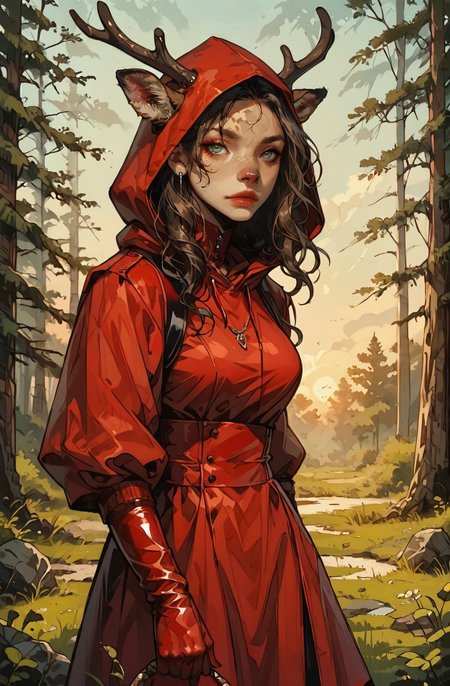 score_9_up, score_8_up, score_7_up, ADDBASE Re_An, detailed background,  golden hour, sunset,
anthro, deer girl, forest, red latex hood,
 short, curly black hair with tight, bouncy curls, natural volume adding fullness, soft taper around the nape for a polished look, gentle shine enhancing the curl pattern, creating a lively and stylish appearance with a touch of sophistication, large breasts, red rubber boots,
perfect light, Exquisite color design,
 <lora:Furry Enhancer 6.1_474598:1> <lora:t4tsXLP:1> <lora:Realistic_Anthro:0.7>