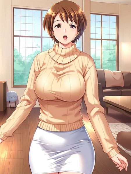 score_9, score_8_up, score_7_up,  
1girl, aoki Hinako, mature female, large breasts, brown hair, short hair, brown eyes, 

standing, beige sweater, long sleeves, turtleneck, white skirt, standing, indoors, window, living room, open mouth, looking at viewer,