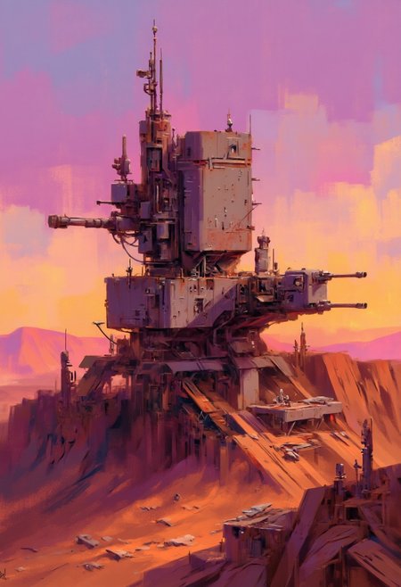 Inkpunk Anime, in the style of ck-sfc,, a planetary science exploration base on an arid and dusty landscape, featuring a central control tower, plus numerous armoured turrets with large guns, and smaller research laboratory buildings and living quarters.  Sunset, vivid sky