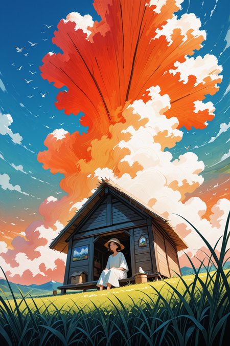 lazypos,Scandinavian Style Palette, ( impressionism:1.7 ), realistic body,
1girl, sitting in grass, tall grass,  a hut, from below, birds, gradient orange cloud <lora:super_secret_lora_not_released:5> <lora:TrendCraft_The_Peoples_Style_Detailer-v1.0A-3_13_2025-illustrious:0.2>