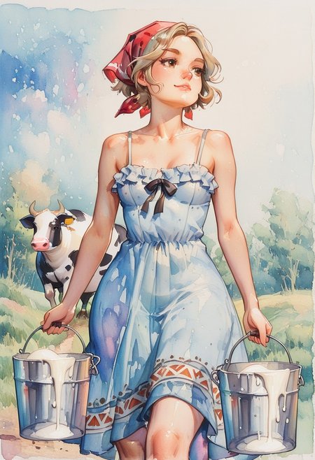 masterpiece, best quality, impressionism, painting, watercolor, 1girl, milkmaid, ((narrow face, dimpled chin)), light brown hair, short hair, red headscarf, brown eyes, slender, wiry, small breasts, pale blue dress, sleeveless, ruffled shoulders, low-cut, small breasts, carrying bucket, heavy bucket, milk sloshing, walking, pasture, gentle hill, ((cows, dairy cows)), subtle light, golden hour, natural beauty, nature, ((detailed eyes)), dynamic angle, dynamic pose, abstract art