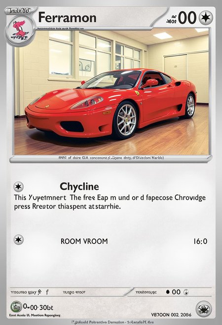 Pokemon trading card featuring a sports car called "Ferrarimon", this card is a neutral type, it has no attacks. The description reads "VROOM VROOM"