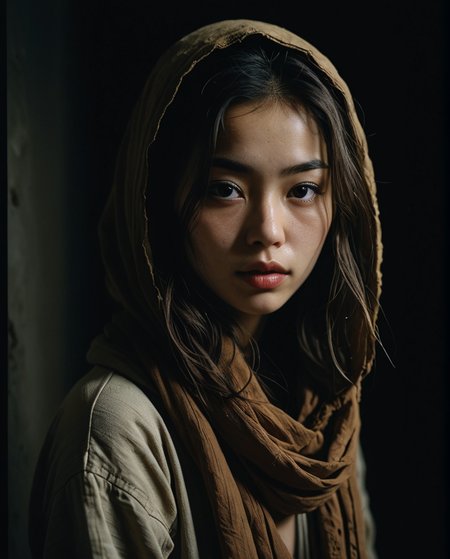 Full-length profile portrait of a girl with Arab features, with a wide, thin hood, loose hair, strands of hair covering the eyes and face, parted lips, full lips, perfect and hyper-detailed eyes, loose and messy brown hair, hood wide felt, scarf around the neck, nose piercing, leaning against a wall, black background (Liam Wong, Nobuyoshi Araki, Daido Moriyama), earthy tones, sensuality, desire, side lighting, Rembrandt lighting, very high contrast, shadows harsh, photo quality, 4K, blur