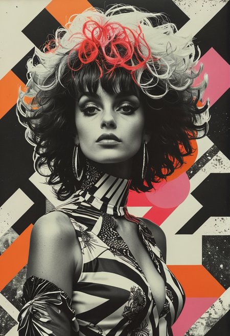 mixed media digital collage poster of a flamboyant woman with a huge wig, editorial collage with geometrical shapes, mixing black and white elements with colored elements,  mixed media with zoological elements, in the style of futuristic retro, detailed world classic art, pop art brightness, urban decay, wildstyle graffiti, vibrant colors, graphic design,tattoos, city portraits, flat style,polaroid,Judy Chicago <lora:add-detail-xl:1> <lora:DD-sli-v1:1> <lora:MJ52:0.5>