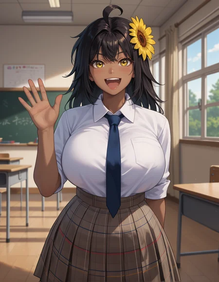 score_9, score_8_up, score_7_up,score_6_up  source_anime,1girl,solo,classroom,smile,happy,open mouth,,waving,huge breasts, plaid skirt,grey skirt,school uniform,necktie between breasts, 
<lora:latina-the dark brown-koto-PonyXL:1> latidar, sunflower hair ornament, yellow eyes, dark skin, dark-skinned female, large breasts,black hair,ahoge