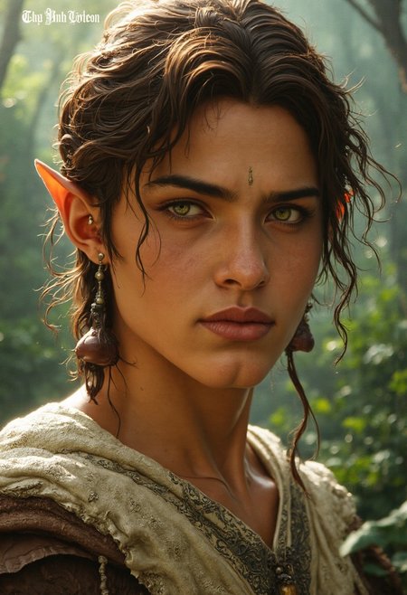Ultra Realistic Portrait of a striking half-elf with a blend of human and elven features, embodying both strength and grace. His skin is a warm, golden tan, with a smooth texture that hints at his youthful vitality. His eyes are a captivating mix of green and gold, with an almond shape that reflects his elven heritage, glowing with intelligence and curiosity.
His hair is a rich, chestnut brown, cascading down to his shoulders in loose waves, with a single thin braid on one side adorned with a small, silver bead. His ears are slightly pointed, not as pronounced as a full elf's, subtly indicating his mixed lineage. His face is a harmonious balance of sharp, elven cheekbones and a strong, human jawline, giving him a rugged yet refined appearance.
His lips are full and set in a contemplative expression, with a hint of a smile that suggests both kindness and a sense of adventure. He wears a simple, yet elegant, tunic made of fine linen, with intricate embroidery along the collar and cuffs, hinting at a connection to both nature and civilization.
The lighting is soft and natural, casting gentle shadows that highlight the contours of his face and the texture of his hair. The background is a lush forest with dappled sunlight filtering through the trees, suggesting his deep connection to nature and his dual heritage as both a wanderer and a protector. The overall portrait conveys a sense of inner peace, strength, and the unique harmony of his mixed bloodline.