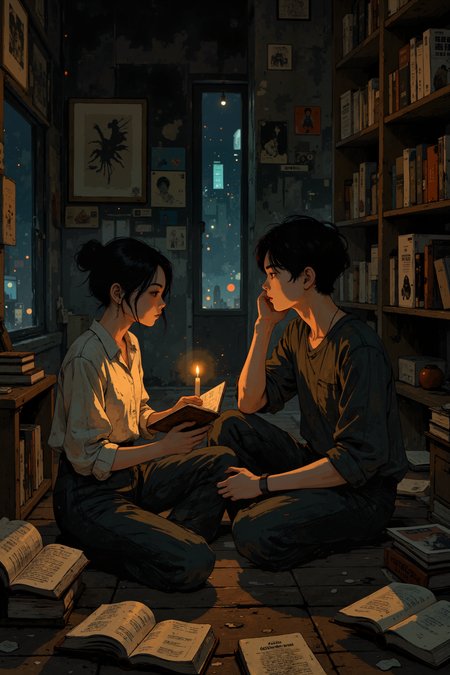 In a small, dimly lit living room, a young couple sits on the floor surrounded by stacks of open books and crumpled papers, their faces illuminated by the soft glow of a flickering candle. The woman, her dark hair tied back in a loose bun, holds an old, worn book in her hands, her fingers tracing the faded text as she reads aloud. The man, his face unshaven and his clothes rumpled, listens intently, his eyes closed as he leans back against the wall, a faint smile playing at the corners of his lips. Outside, the distant sound of sirens and honking cars echoes through the streets, but inside, the world feels still and intimate, a quiet refuge from the chaos of the city. The shelves that line the walls are filled with books of every kind, their spines worn and faded, each one a portal to another world. The scene captures the timeless beauty of human connection through shared stories, the power of words to transport and heal, even in the most humble of settings.  Fantastic lighting. Detailed shadows.intricate details, vivid colors, hyper-detailed, ultra-sharp <lora:Blue_Future:0.2><lora:Ethereal_Brush_Anime_v1.0:0.6><lora:Dark_and_sentimental v1.0:0.6><lora:It's a LoRA for portraits, BUT! actually specialized in backgrounds. v1.0:0.3>