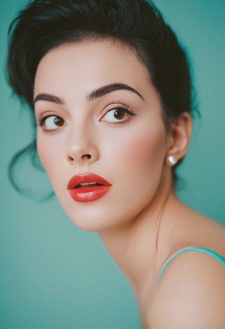 a beautiful woman with black hair in a 1950s hairstyle, surprised expression, vibrant colours, vintage filter, teal colored background