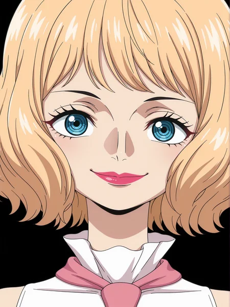 <lora:Stussy Illu:1>
1girl, solo,
5tussy, blonde hair, blue eyes, short hair, lipstick, makeup,
portrait, pink necktie, white dress, sleeveless, smile, looking at viewer, 
anime screencap, anime coloring,, masterpiece, best quality, amazing quality,, (simple background, black background:1.5),