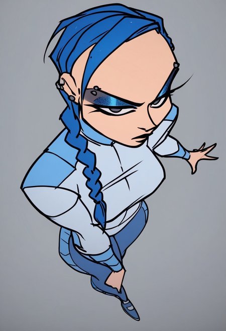 score_9, score_8_up, score_7_up, anna, 
solo,1girl ,breasts, braid, blue hair, long hair, braid,great shading,,open eyes, eyeshadow, blue eyeshadow,makeup,, eyebrow piercing, piercing, 
blue motosuit, 
standing pose, looking at viewer, full body
gray background,