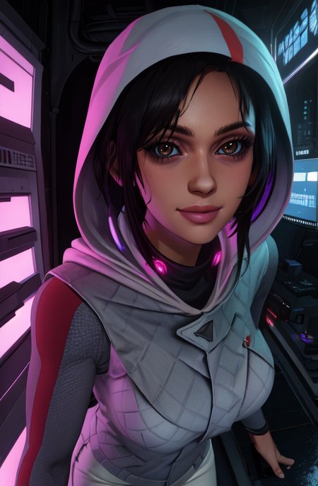 hope, black hair, brown eyes,   
white sweater, hood up,  white pants,  white collar, 
  smile,  standing,  cowboy shot, 
cyberpunk,  purple lights,  museum, 
(best quality, masterpiece, perfect face, beautiful and aesthetic:1.2, highest detailed face), 
 <lora:HopeRepublique:0.8>