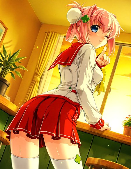 (1girl, solo:1.3), (2girls, 3girls, 4girls, multiple girls, 2boys, 3boys, 4boys, multiple boys:-1.5) <lora:Ainame_Chisato_Hachukano_Illustrious:0.9>, Ainame Chisato, medium breasts, blue eyes, pink hair, short hair, bangs, hair intakes, hair between eyes, sidelocks, bun cover, single hair bun, hair bun, four-leaf clover hair ornament, clover hair ornament, hair ornament, school uniform, serafuku, sailor collar, long sleeves, yellow bow, bowtie, pleated skirt, plaid skirt, red skirt, miniskirt, white thighhighs (pout:0.7), one eye closed, general, contrapposto, dynamic pose, pointing at viewer, portrait, from behind, from below, dutch angle, indoors, cafeteria, cafe, wooden stool, plant, potted plant, flower, (perspective:0.7), <lora:NOOB_EPSv1_1_detailer_by_vlnvk_v1_0:1.5>, (photo background:0.7), evening, (tachibana yuu:0.6), inue shinsuke, (kazuma muramasa:0.0), saikawa yusa, (aoi manabu:0.6), abarerumidori, (suzui narumi:0.6), masterpiece, newest, absurdres, 8K, anime screenshot, anime coloring, flat color, official art, film grain, <lora:illustriousXLv01_stabilizer_v1.185c:0.7>, <lora:LECO_Solo:-4.0>,