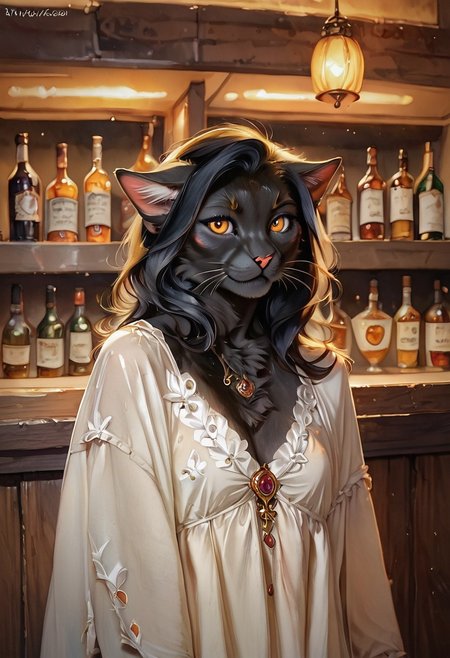 score_9, score_8_up, score_7_up, realistic, slender anthro female cat, (folded ears), (flat ears), (frontview), golden eyes, black fur, furry, fluffy fur, cat taill, elegant dress, bar, furry hands,  smile ,watercolor \(medium\), traditional media, wavy black hair, voluminous black hair, long black hair,