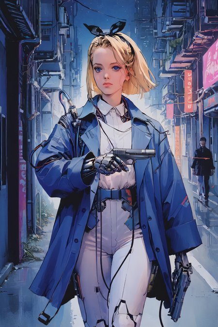 zPDXL3, <lora:80s_Vintage_Porn_Magazine_Style_V2:0.8>, 80spm, vintage porn, 80s era, 1980s photo, 1girl, <lora:CyberWare:0.8>, cyb3rwar3, cybernetic arms, cybernetic eye, <lora:AliceInWonderlandXLPony_character:0.8>, alicewaifu, blue eyes, blue leather trench coat, white pants, white shirt, black hairband, bow, blonde, holding a futuristic handgun, wire running from gun to her arm, in a cyberpunk city at night, punk, neon,