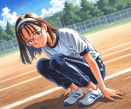 masterpiece, best quality, amazing quality, , 1girl, solo,  gym uniform, pants, outdoors, medium hair, glasses, <lora:Kurita Yuugo style ILL-v2:1.2> kuritayuugo,