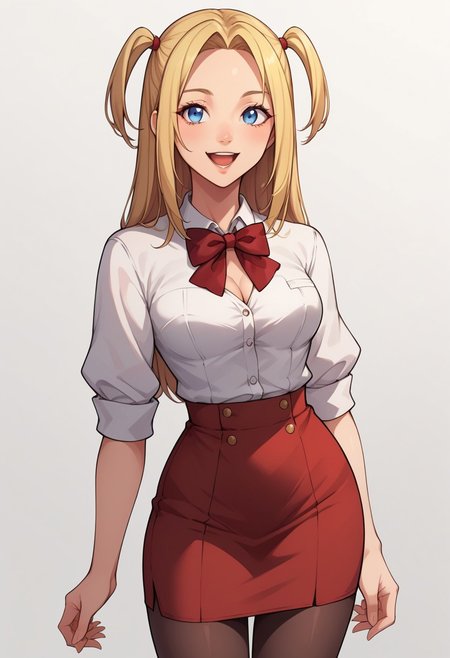 score_9, score_8_up, score_7_up, source_hentai,best quality anime, intricate details,
1girl, skinny body, dark eyes, green hair big topknot forehead,
wearing flight attendant outfit, dark red tailored uniform, white shirt with cleavage and bra, dark red pencil-skirt, pantyhose, dark red bowtie, 
 blank background, 
centered view, closeup shot, smile, open mouth, posing, 
amane misa, 1girl, blonde hair, blue eyes, bangs, long hair, two side up