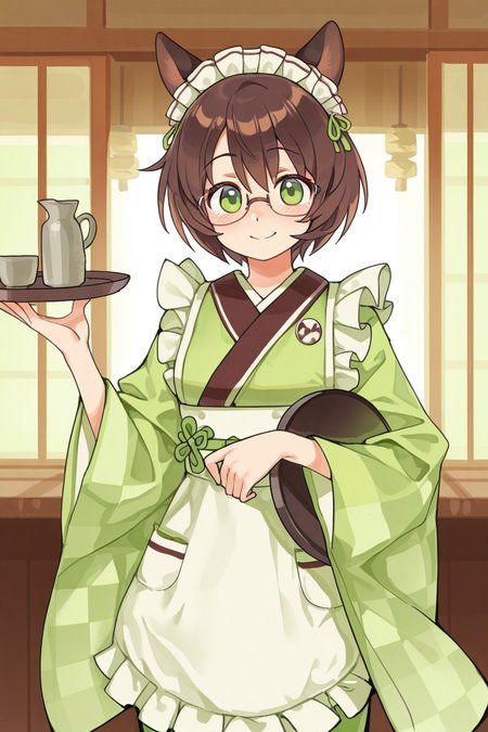 masterpiece, best quality, amazing quality,
 <lora:Lango_IL:1> lango, 1girl, animal ears, solo, green kimono, brown hair, japanese clothes, green eyes, tray, holding tray, kimono, holding, wa maid, smile, short hair, apron, glasses, looking at viewer