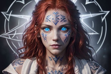 bright red hair, human female, (feminine:1.7), (beautiful face, detailed face:1.6), (beautiful eyes, detailed eyes:1.7), (looking at viewer, eye contact, intense:1.6), (long hair, red hair, curly hair:1.3), , ((masterpiece, best quality, high resolution, realistic, best quality,)), photo realistic, Perfect Face, (detailed face). <lora:GoodHands-vanilla:0.6> <lora:add-detail-xl:0.8>, mage, (Dress White military uniform coat), dagger, rune dagger, glowing runes, , (((glowing magic symbols tattoos, religious tattoos))), ((face tattoos)), glowing tattoos, stone tower in the background
