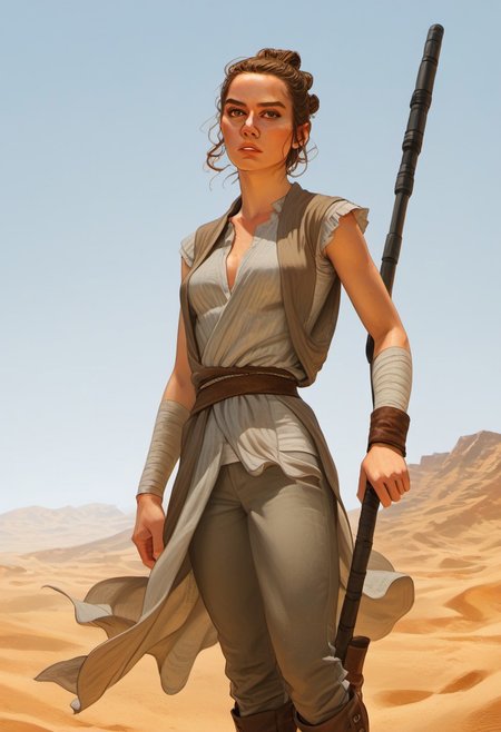 score_9, score_8_up, score_7_up, score_6_up,
1 girl, 1 gorgeous girl)
rey_star_wars, brown hair, hazel eyes, and light skin, brief freckles
Slim body, beautiful face, big eyes, perfect body, small breasts
hair tied in three buns
wearing a distressed beige wrap top, layered brown vest, loose sand-colored pants with bandaged ankles, and worn leather boots, detailed fabric textures, (tattered scavenger clothing), (desert dust on clothes), holding a metal staff
standing facing the viewer, in the desert, sunny day
portrait picture, frontal picture